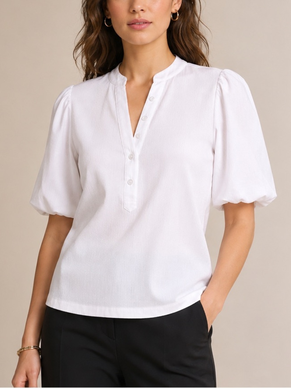 DKNY Puff Sleeve Mixed Media Henley Top In Flame